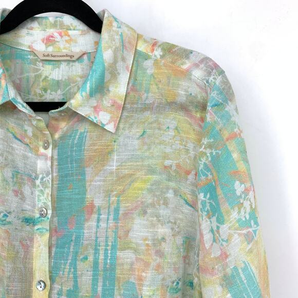 Soft Surroundings Button Front Long Sleeve Top Womens L Watercolor Floral Print - Picture 3 of 6